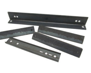 group of custom fabricated brackets made of heavy gauge steel with holes punched and formed at a 90 degree angle.